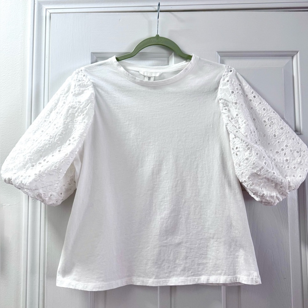 H&M White Eyelet Balloon Sleeve Top, size M